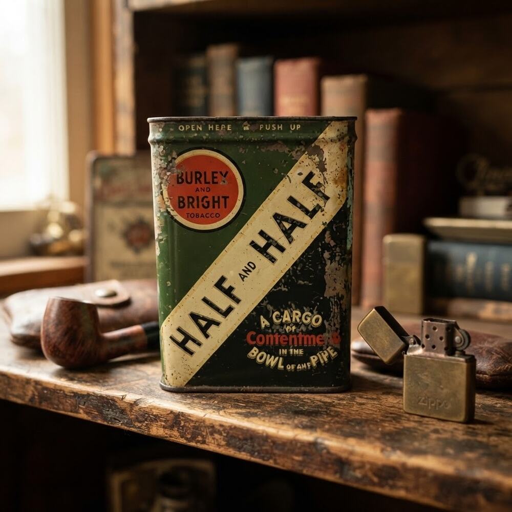 Vintage Half and Half Tobacco Pocket Tin Empty Flip Lid container Man Cave Prop